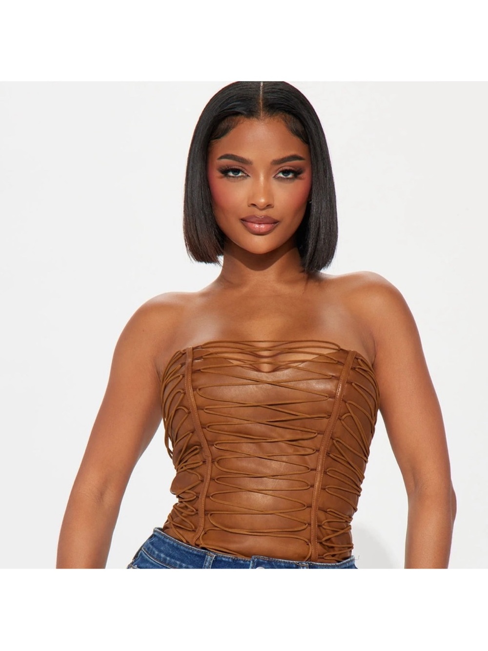 Fashion Nova Strapless Lace-Up Corset Top in Brown